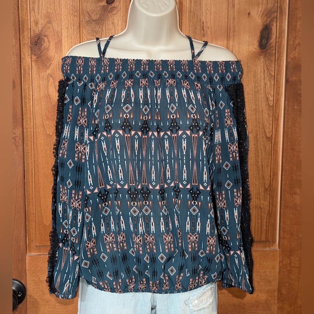 Jessica Simpson Blue and Black Off-Shoulder Top